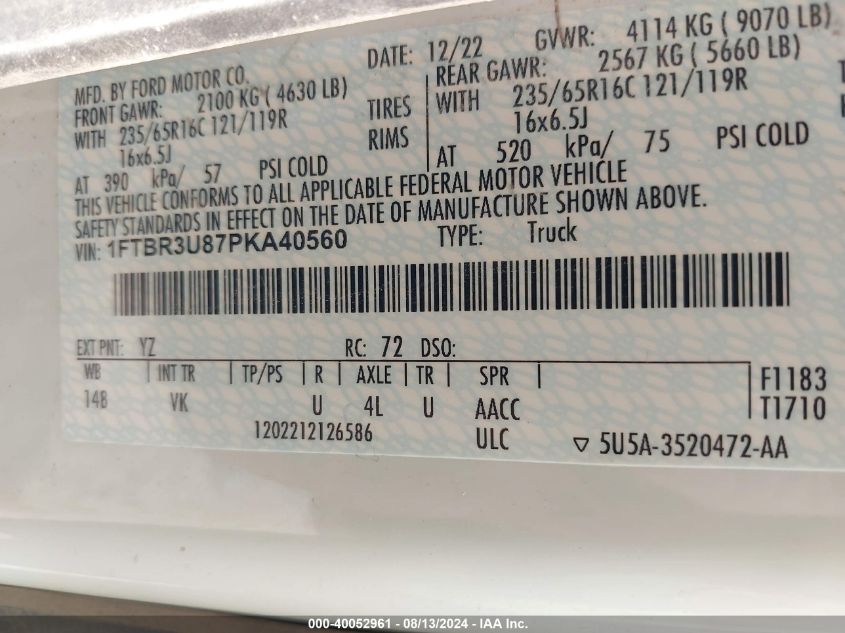 2023 Ford Transit-250 Cargo Van VIN: 1FTBR3U87PKA40560 Lot: 40052961