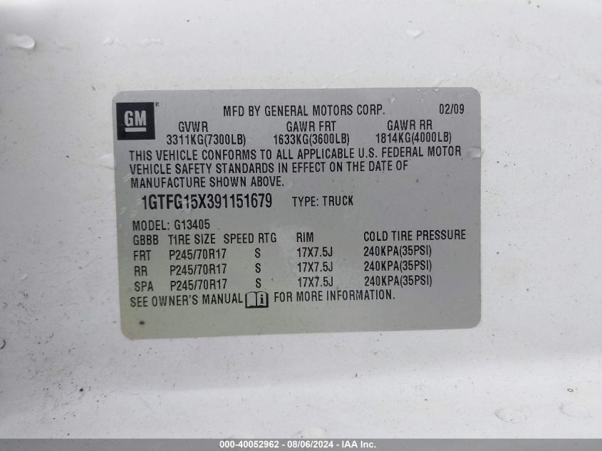 2009 GMC Savana 1500 Work Van VIN: 1GTFG15X391151679 Lot: 40052962