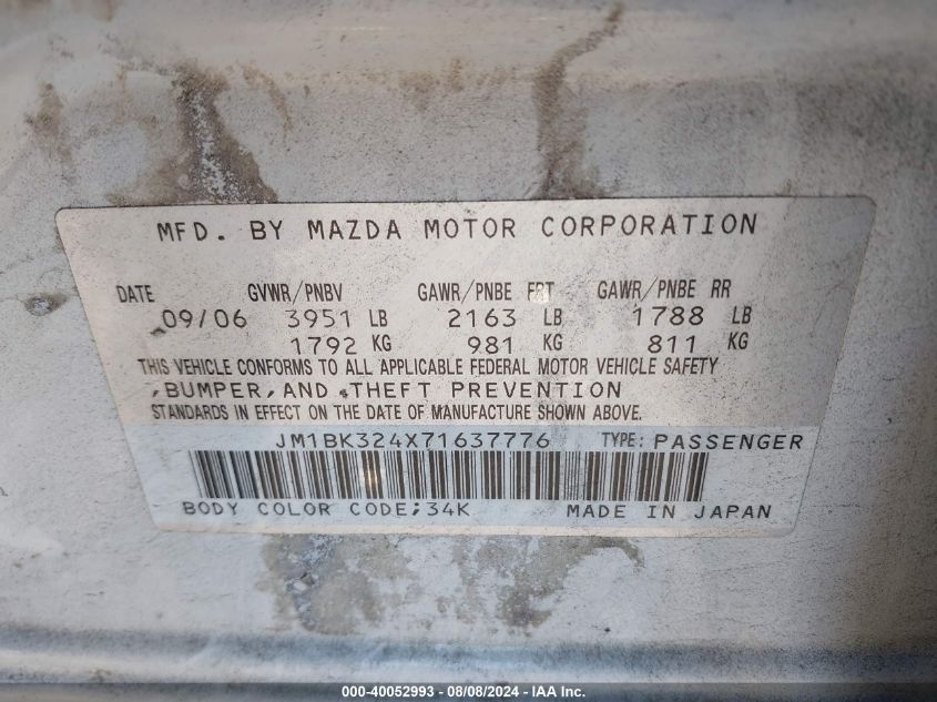 2007 Mazda Mazda3 S Grand Touring VIN: JM1BK324X71637776 Lot: 40052993