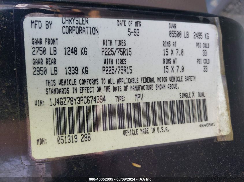 1993 Jeep Grand Cherokee Limited VIN: 1J4GZ78Y3PC674394 Lot: 40052995