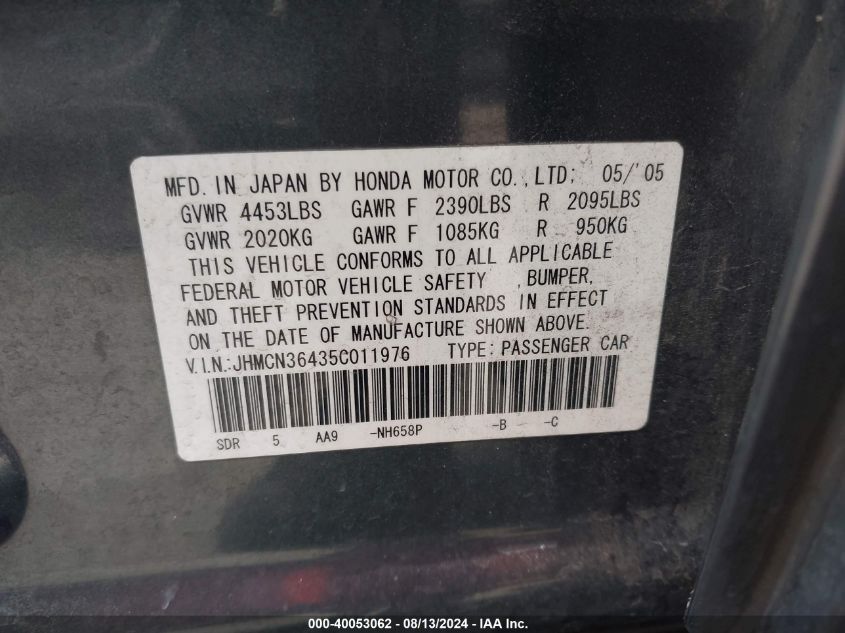 2005 Honda Accord Hybrid VIN: JHMCN36435C011976 Lot: 40053062