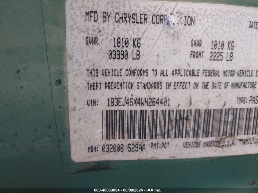 1998 Dodge Stratus VIN: 1B3EJ46X4WN264401 Lot: 40053094