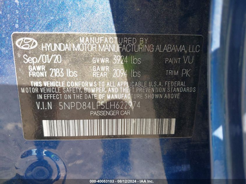 2020 Hyundai Elantra Sel VIN: 5NPD84LF5LH622974 Lot: 40053103