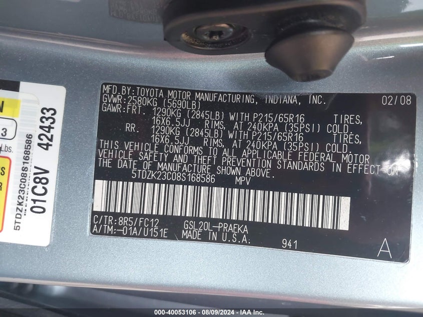 2008 Toyota Sienna Le VIN: 5TDZK23C08S168586 Lot: 40053106