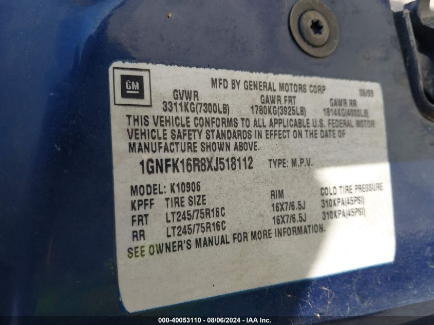 1999 Chevrolet Suburban 1500 Lt VIN: 1GNFK16R8XJ518112 Lot: 40053110