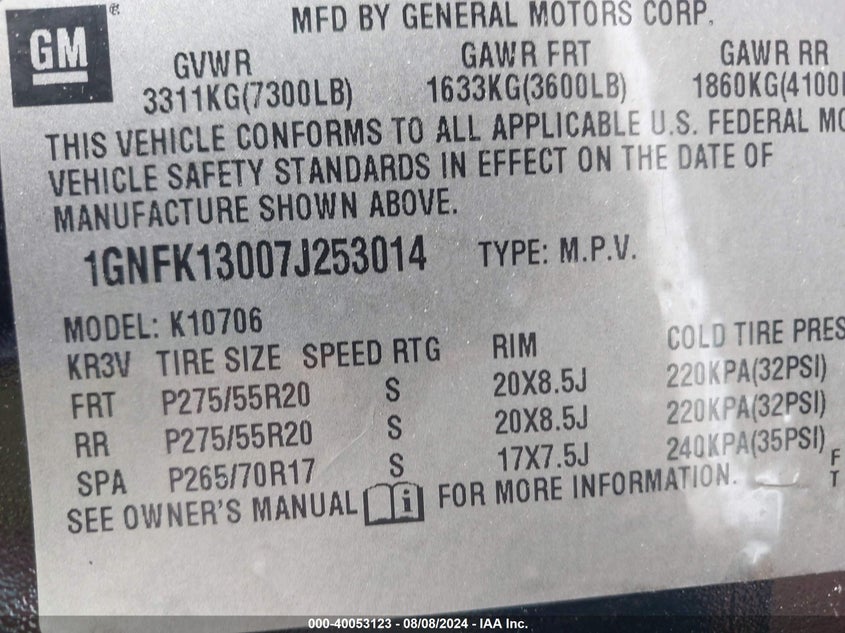2007 Chevrolet Tahoe Ltz VIN: 1GNFK13007J253014 Lot: 40053123