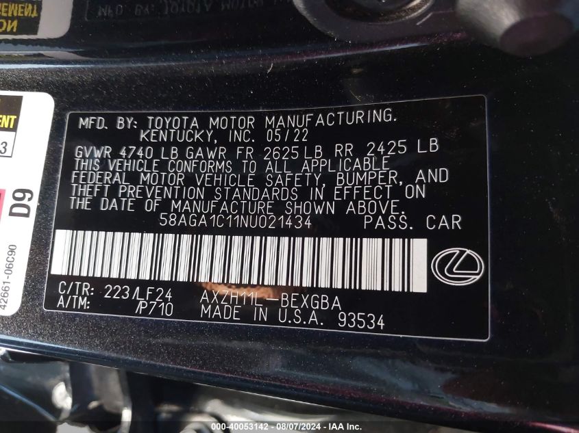 58AGA1C11NU021434 2022 Lexus Es 300H F Sport