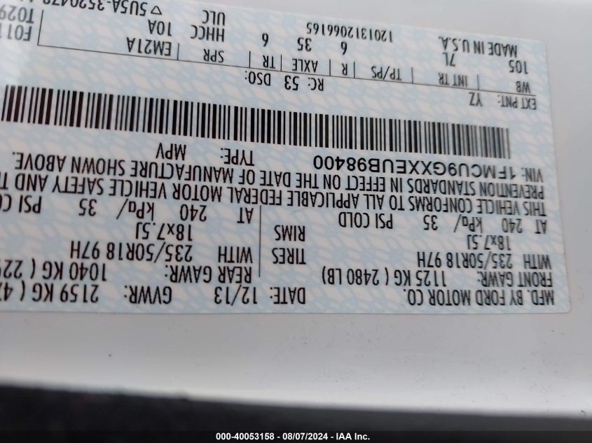 2014 Ford Escape Se VIN: 1FMCU9GXXEUB98400 Lot: 40053158