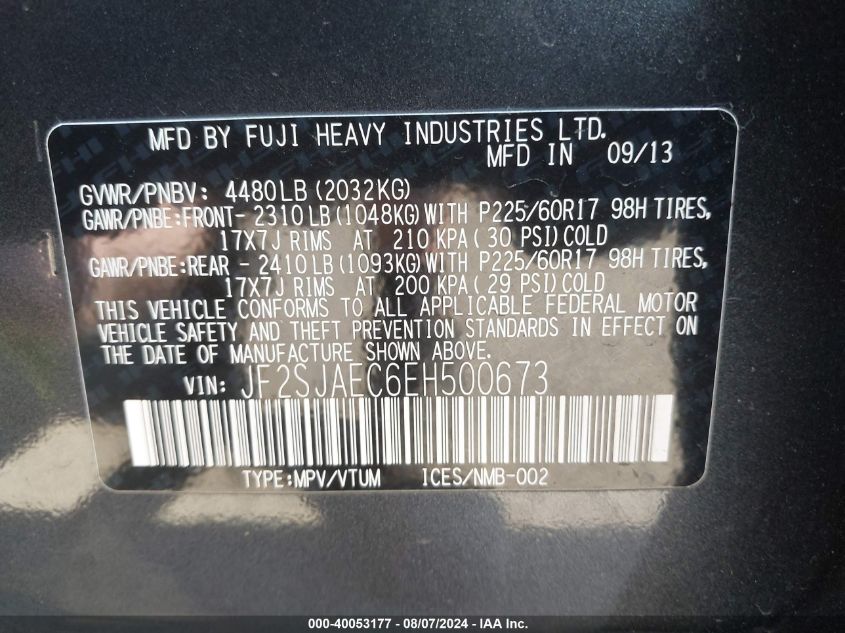 2014 Subaru Forester 2.5I Premium VIN: JF2SJAEC6EH500673 Lot: 40053177