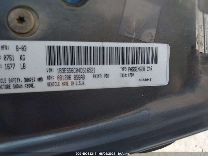 2004 Dodge Neon Sxt VIN: 1B3ES56C04D516521 Lot: 40053217