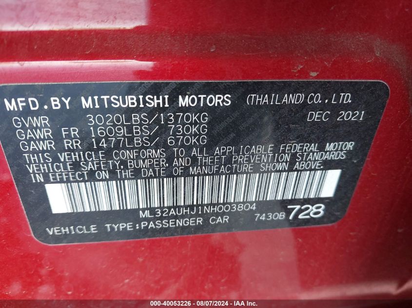 2022 Mitsubishi Mirage Es/Le VIN: ML32AUHJ1NH003804 Lot: 40053226