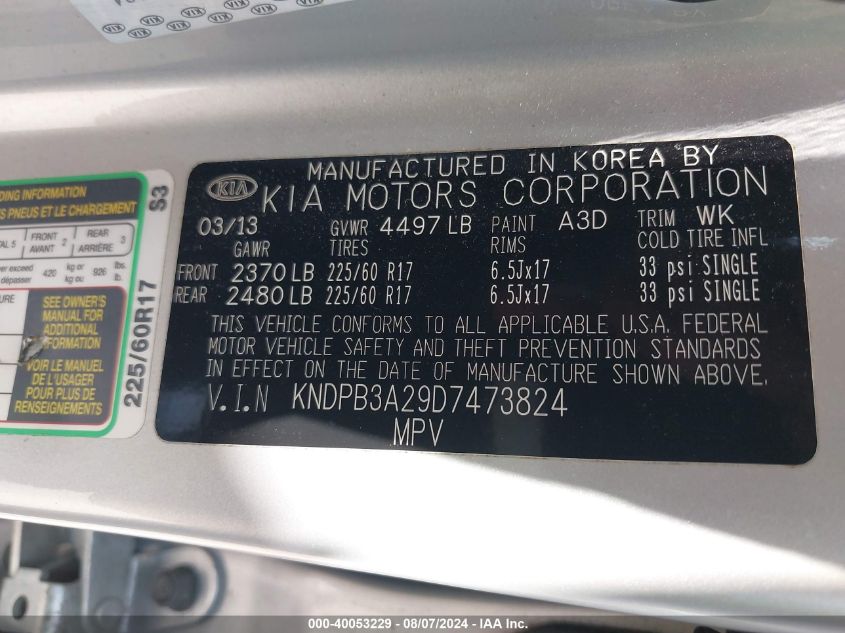 2013 Kia Sportage Lx VIN: KNDPB3A29D7473824 Lot: 40053229