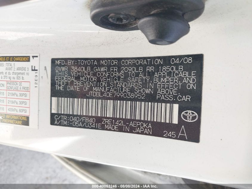 2009 Toyota Corolla Le VIN: JTDBL40E799038952 Lot: 40053246