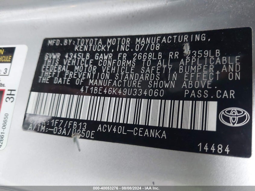 2009 Toyota Camry Se/Le/Xle VIN: 4T1BE46K49U334060 Lot: 40053276