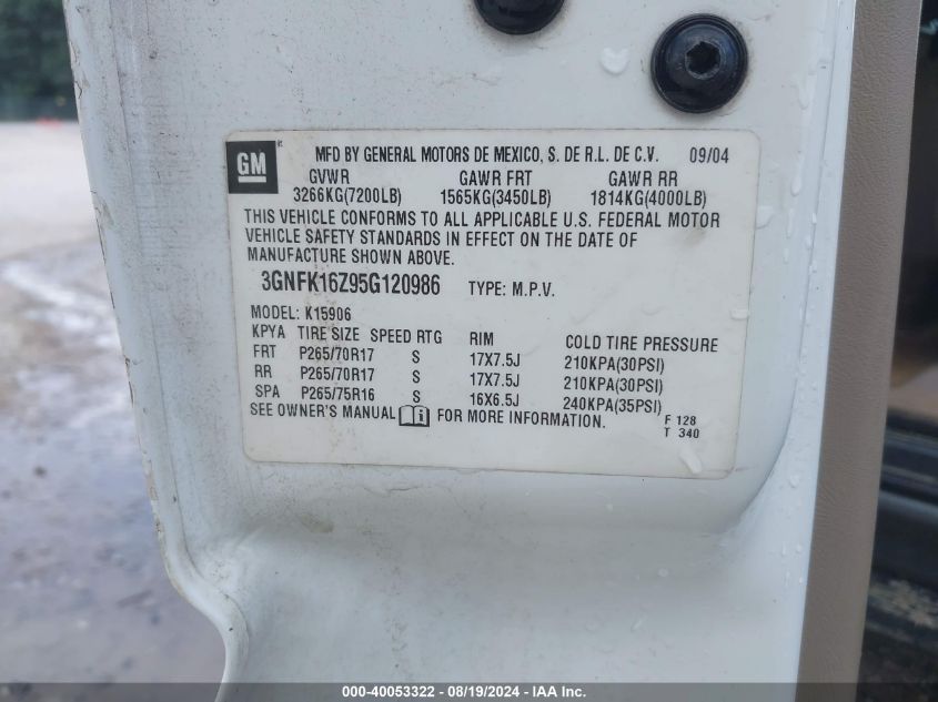 2005 Chevrolet Suburban 1500 Z71 VIN: 3GNFK16Z95G120986 Lot: 40053322