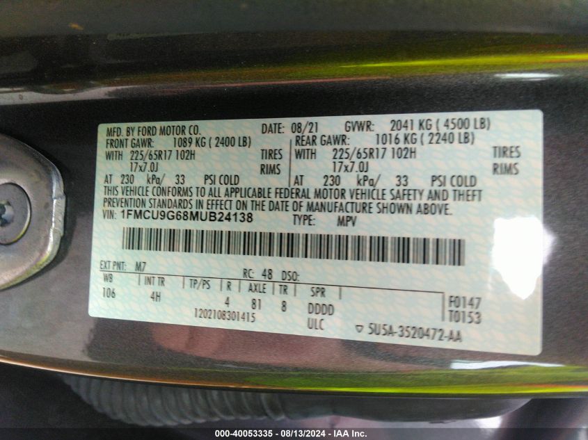 2021 Ford Escape Se VIN: 1FMCU9G68MUB24138 Lot: 40053335