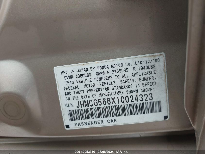 2001 Honda Accord Ex VIN: JHMCG566X1C024323 Lot: 40053346