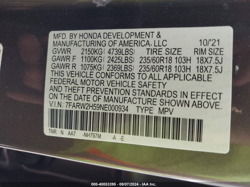 2022 Honda Cr-V Awd Ex VIN: 7FARW2H59NE000934 Lot: 40053395