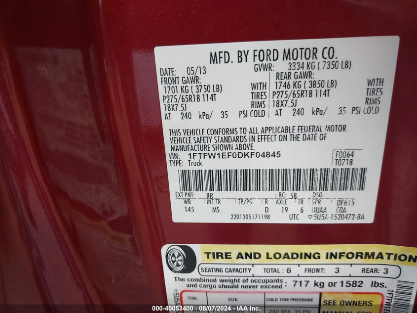 2013 Ford F-150 Xlt VIN: 1FTFW1EF0DKF04845 Lot: 40053400