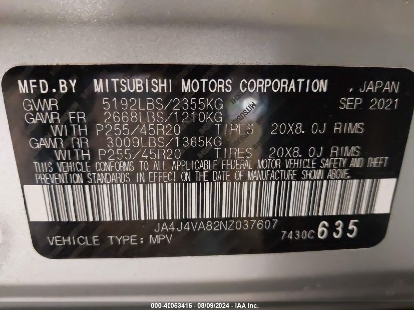 2022 Mitsubishi Outlander Sel 2.5 S-Awc VIN: JA4J4VA82NZ037607 Lot: 40053416