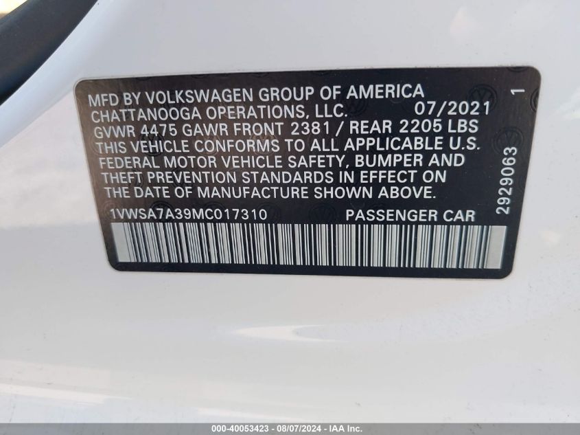 1VWSA7A39MC017310 2021 Volkswagen Passat 2.0T Se