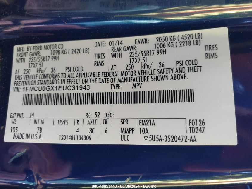 2014 Ford Escape Se VIN: 1FMCU0GX1EUC31943 Lot: 40053440