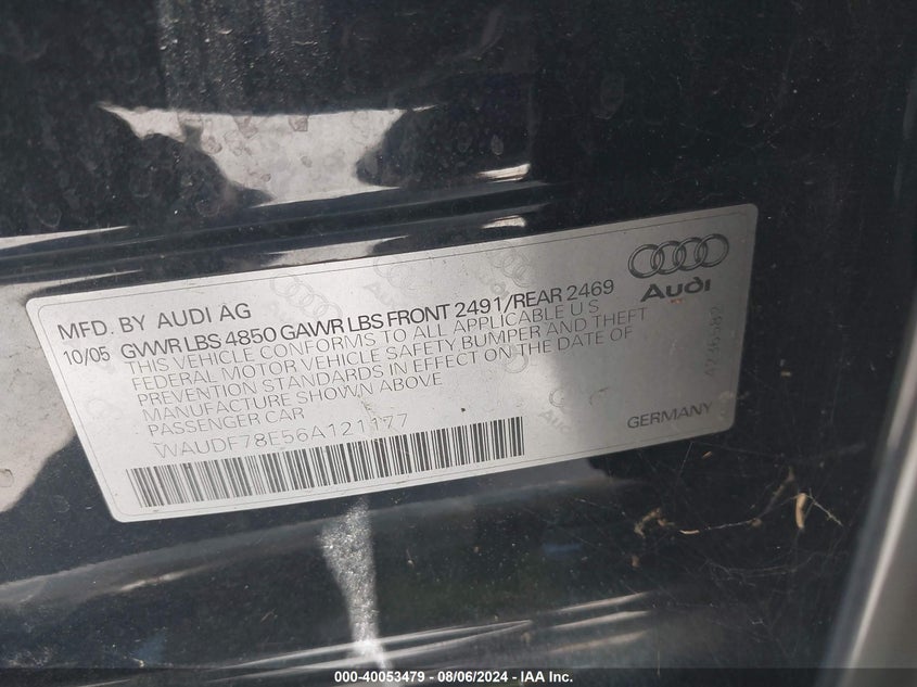 2006 Audi A4 2.0T Quattro VIN: WAUDF78E56A121177 Lot: 40053479