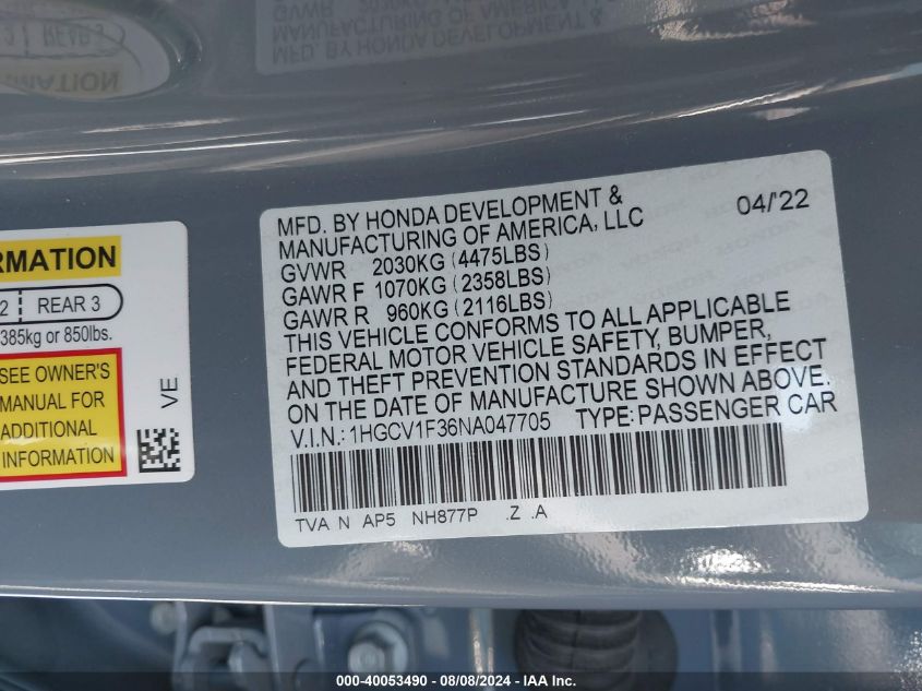 2022 Honda Accord Sport VIN: 1HGCV1F36NA047705 Lot: 40053490