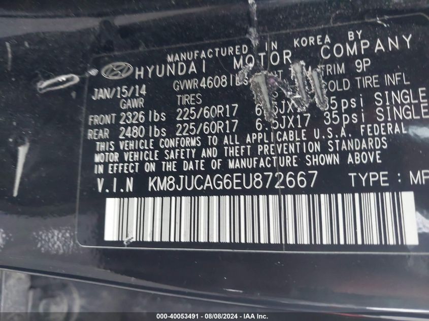 2014 Hyundai Tucson Se VIN: KM8JUCAG6EU872667 Lot: 40053491