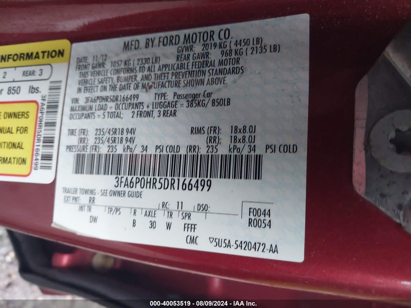 2013 Ford Fusion Se VIN: 3FA6P0HR5DR166499 Lot: 40053519