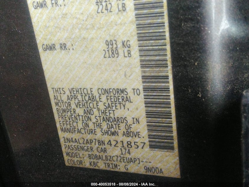 2011 Nissan Altima 2.5 S VIN: 1N4AL2AP7BN421857 Lot: 40053518