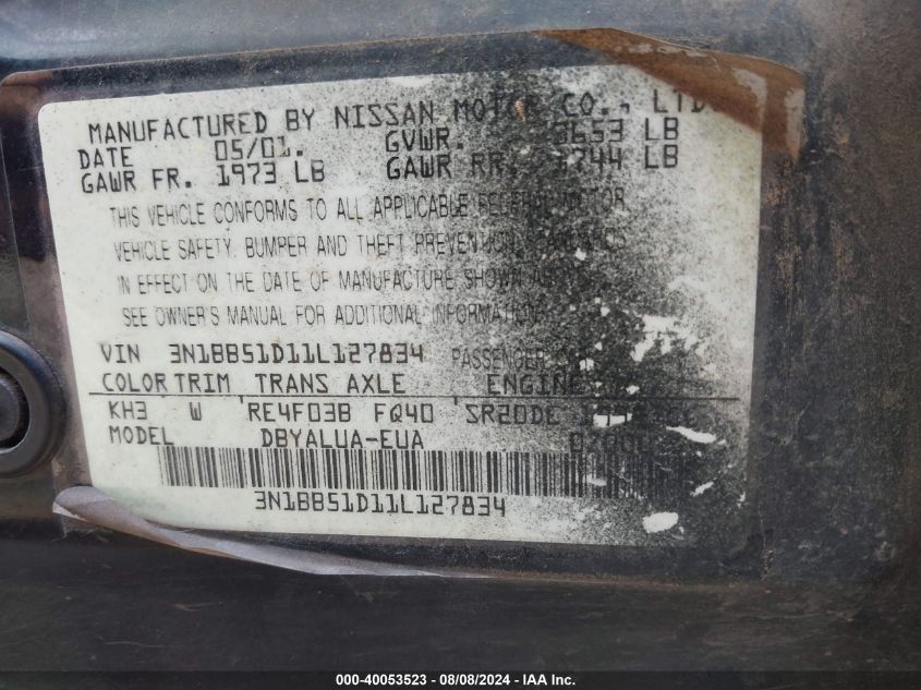 2001 Nissan Sentra Se VIN: 3N1BB51D11L127834 Lot: 40053523