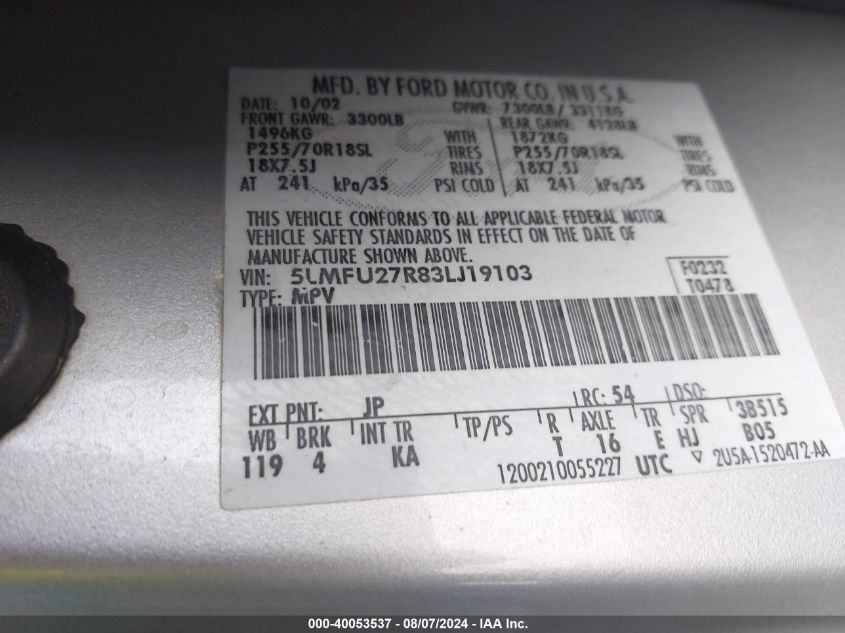 2003 Lincoln Navigator VIN: 5LMFU27R83LJ19103 Lot: 40053537
