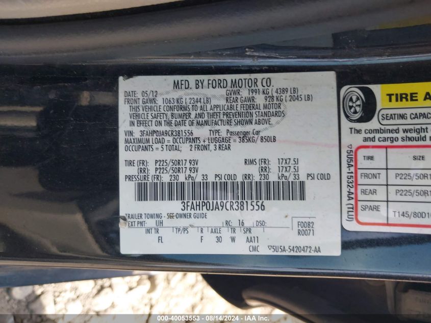 2012 Ford Fusion Sel VIN: 3FAHP0JA9CR381556 Lot: 40053553