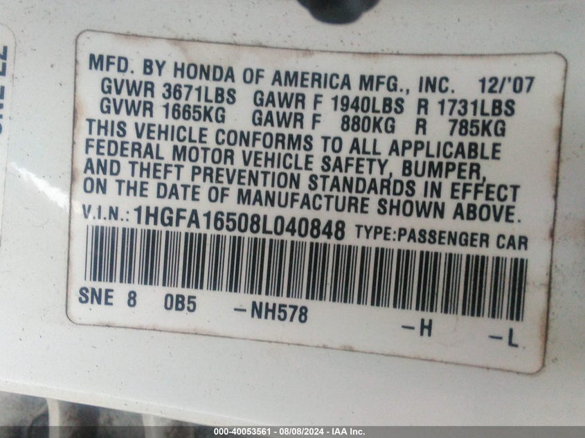 2008 Honda Civic Sdn Lx VIN: 1HGFA16508L040848 Lot: 40053561