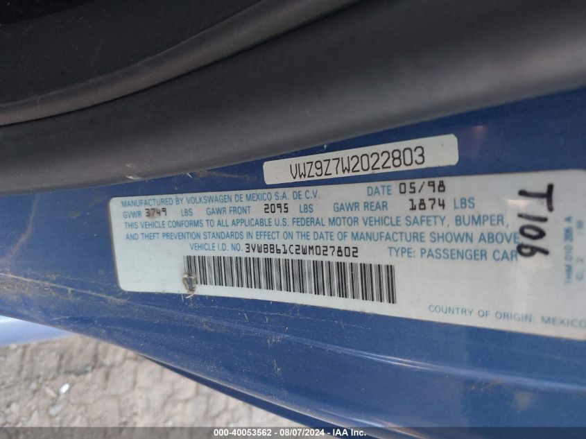 1998 Volkswagen New Beetle VIN: 3VWBB61C2WM027802 Lot: 40053562