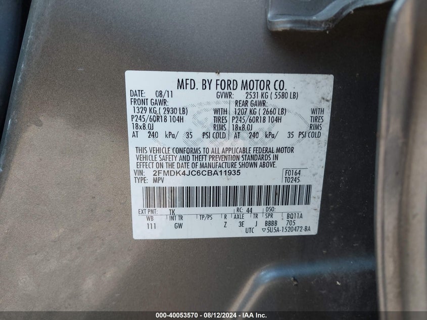 2012 Ford Edge Sel VIN: 2FMDK4JC6CBA11935 Lot: 40053570