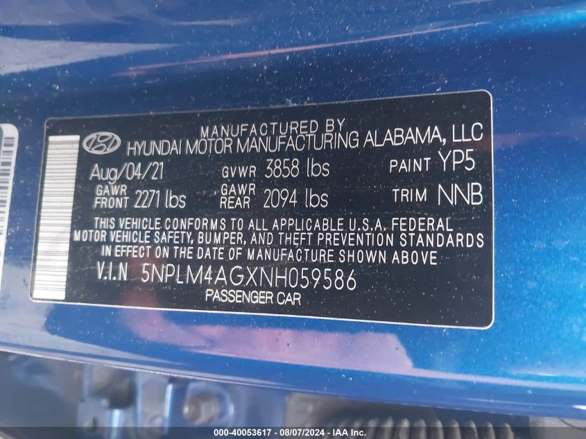 5NPLM4AGXNH059586 2022 Hyundai Elantra Sel