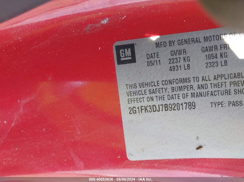 2011 Chevrolet Camaro 2Ss VIN: 2G1FK3DJ7B9201789 Lot: 40053636