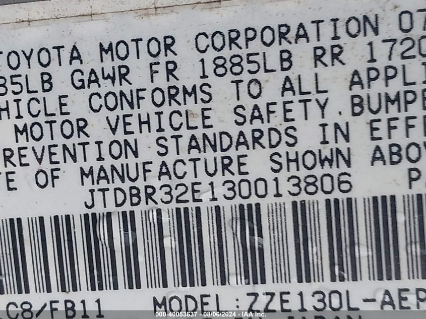 2003 Toyota Corolla Ce VIN: JTDBR32E130013806 Lot: 40053637