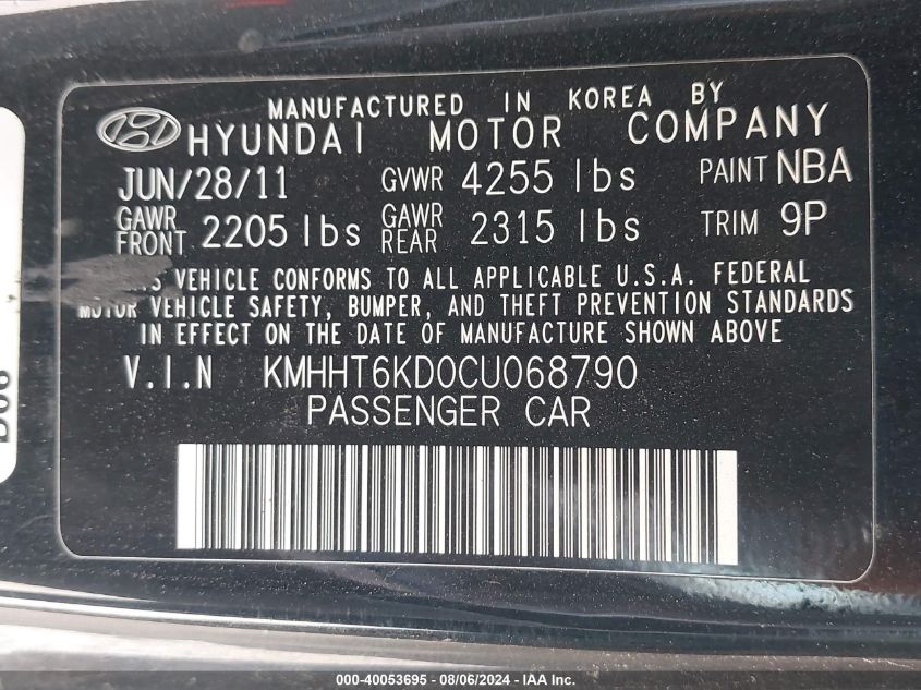 2012 Hyundai Genesis 2.0T VIN: KMHHT6KD0CU068790 Lot: 40053695