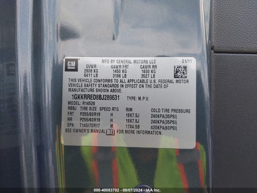 2011 GMC Acadia Slt-1 VIN: 1GKKRRED8BJ289631 Lot: 40053702
