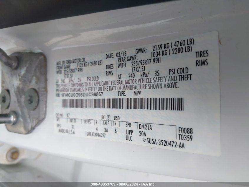 2013 Ford Escape Se VIN: 1FMCU0G95DUC98867 Lot: 40053709