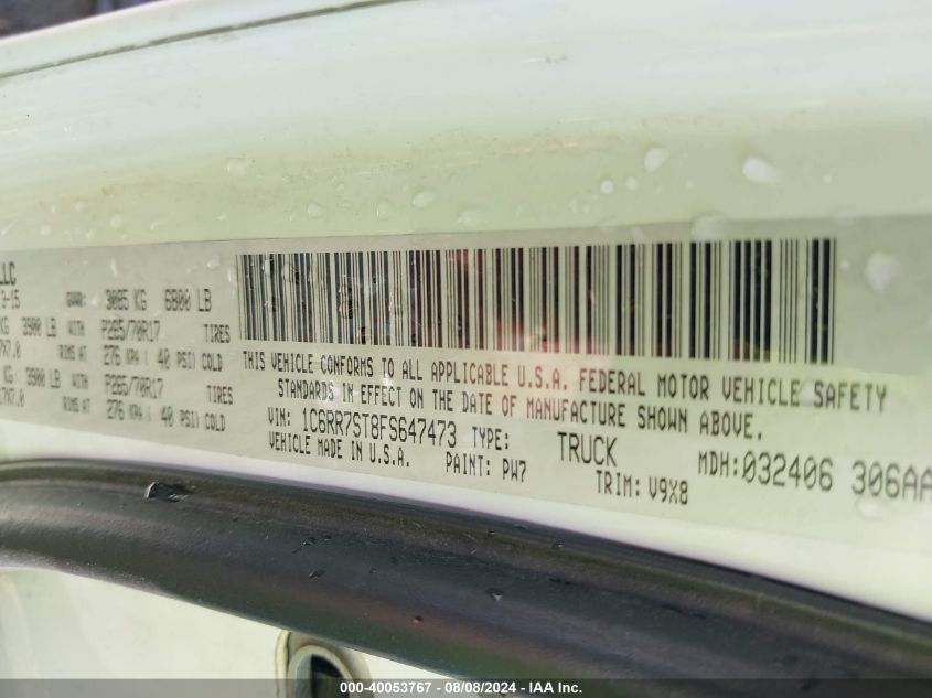 2015 Ram 1500 Tradesman VIN: 1C6RR7ST8FS647473 Lot: 40053767