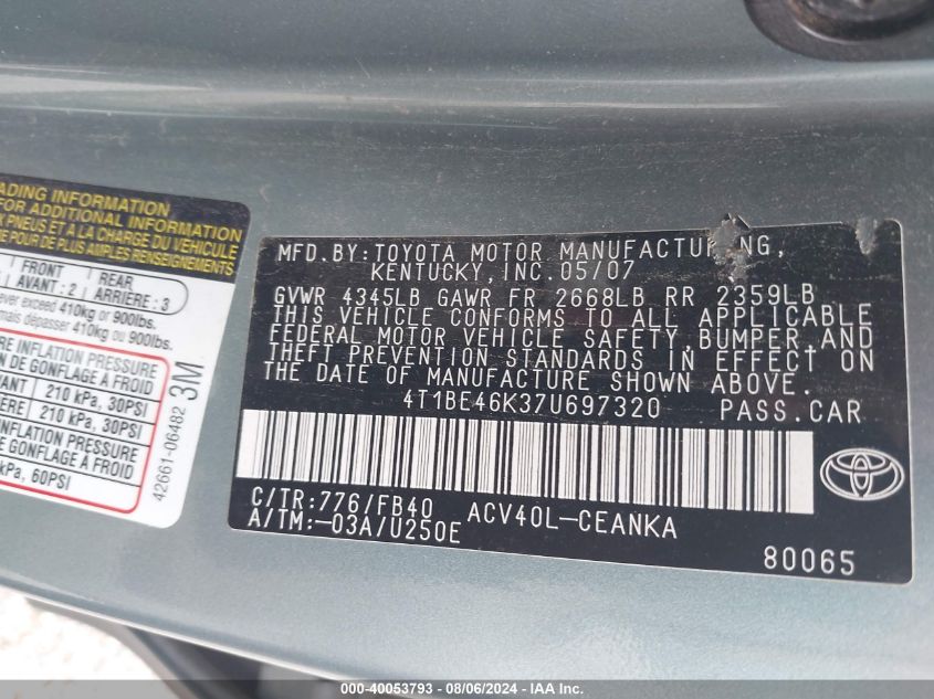 2007 Toyota Camry Le VIN: 4T1BE46K37U697320 Lot: 40053793