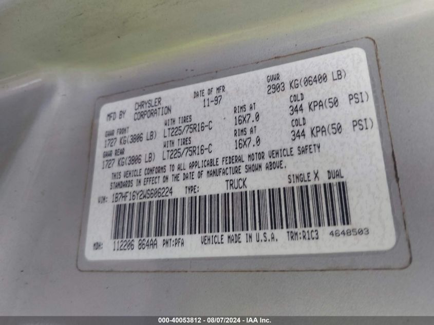 1998 Dodge Ram 1500 St VIN: 1B7HF16Y2WS606224 Lot: 40053812