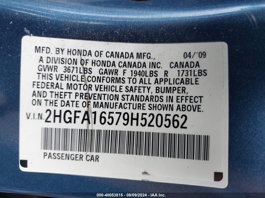 2009 Honda Civic Lx VIN: 2HGFA16579H520562 Lot: 40053815