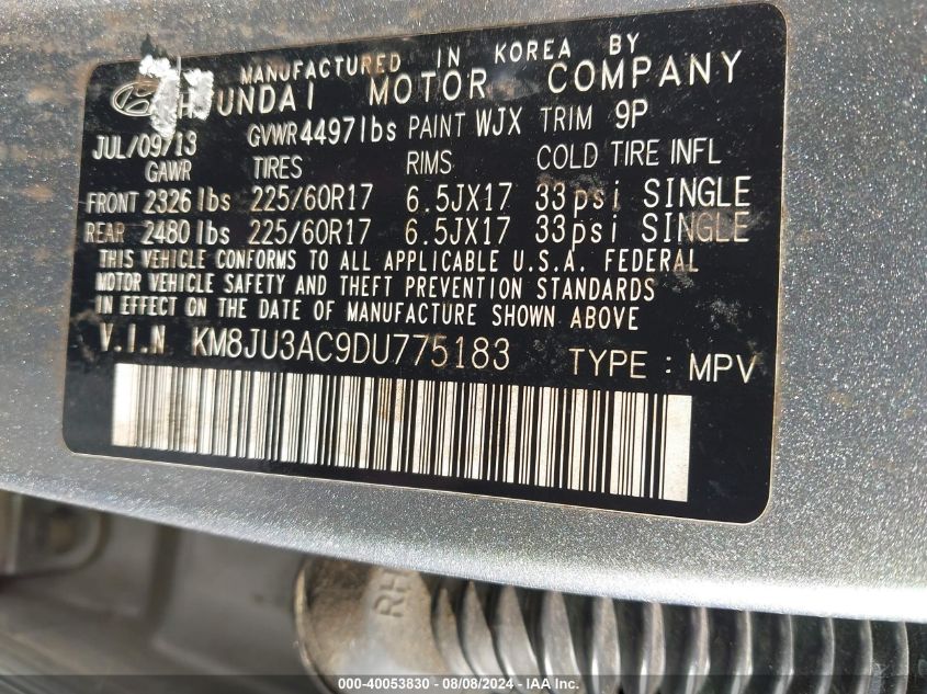 2013 Hyundai Tucson Gls VIN: KM8JU3AC9DU775183 Lot: 40053830