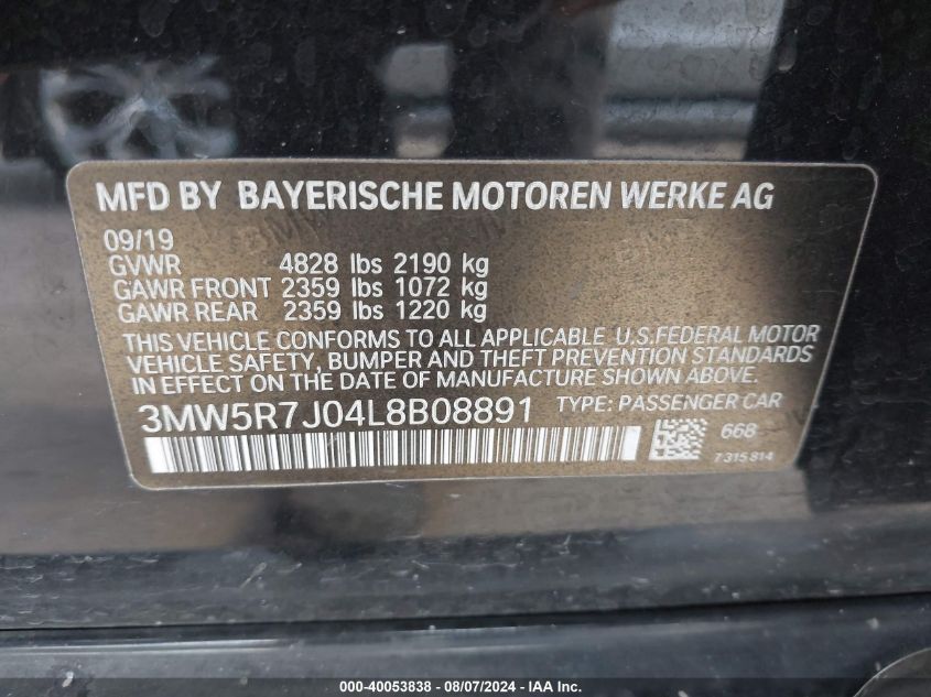 2020 BMW 330I xDrive VIN: 3MW5R7J04L8B08891 Lot: 40053838