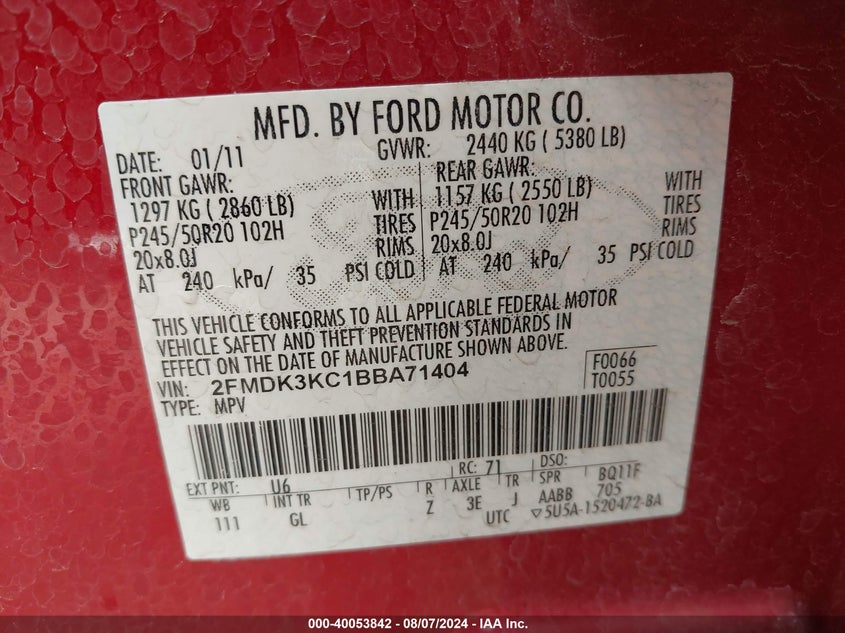 2011 Ford Edge Limited VIN: 2FMDK3KC1BBA71404 Lot: 40053842